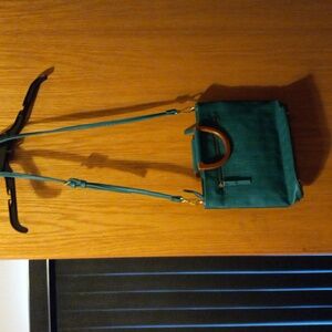 Womens joy susan purse green crossbody with wood handles and long strap